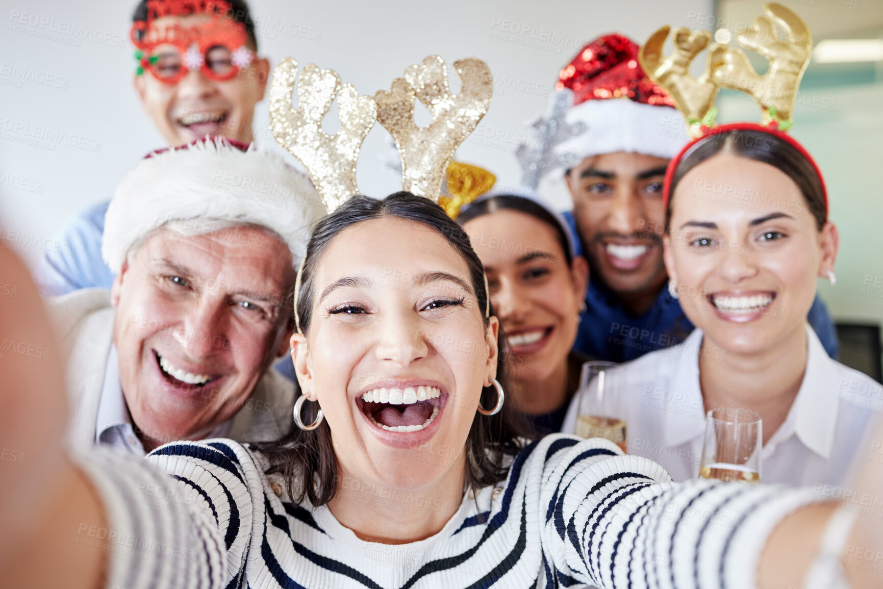 Buy stock photo Selfie, Christmas and portrait of happy business people in office for party, holiday celebration and event. Company, festive and excited men and women take picture for social media, update and memory