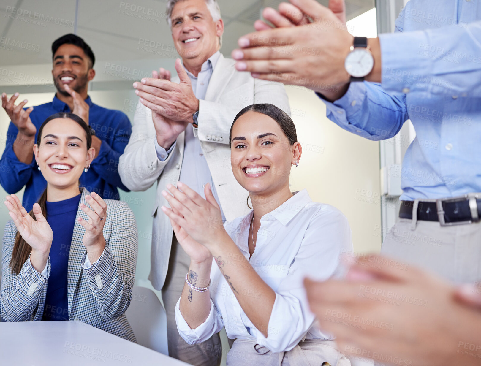 Buy stock photo Celebration, meeting and applause for success and team, businesspeople in boardroom for good news. Cheer, solidarity and happy for deal or victory, clapping hands or support for company winning sales