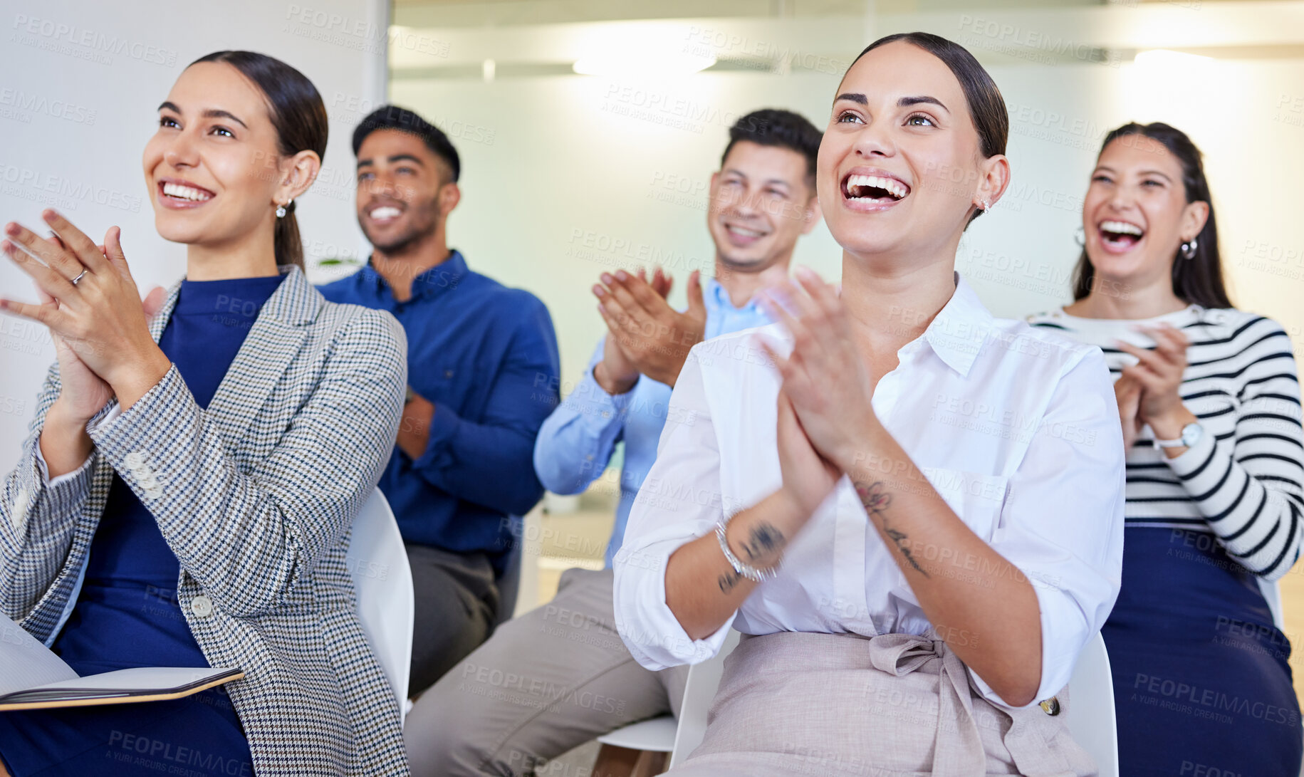 Buy stock photo Celebration, meeting and applause for success and team, businesspeople in boardroom for good news. Cheer, solidarity and happy for deal or victory, clapping hands or support for company workshop