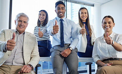 Buy stock photo Business people, together and thumbs up in office portrait for agreement, motivation or diversity. Men, women and teamwork with yes, icon or emoji in solidarity, smile or support at finance agency