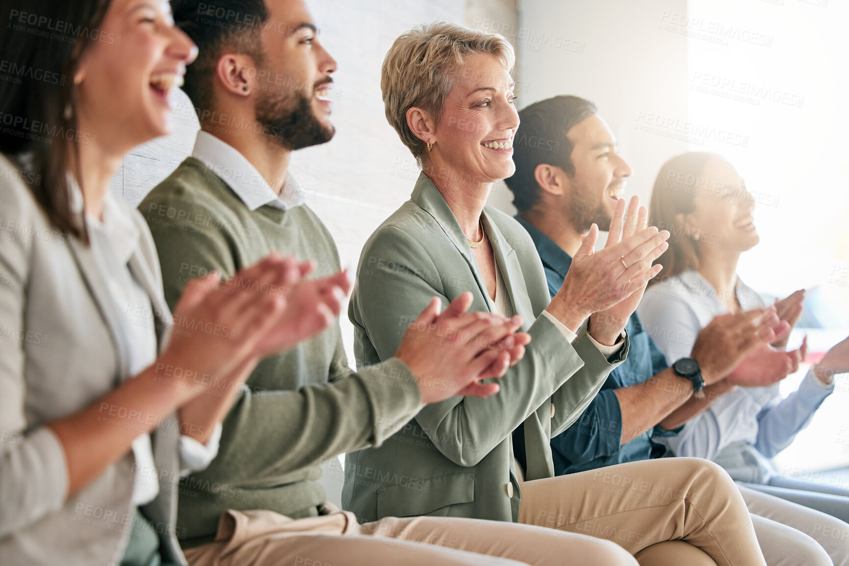 Buy stock photo Clapping hands, meeting and business people in office for corporate seminar with training presentation. Happy, applause and team of financial advisors in audience at finance convention in workplace.