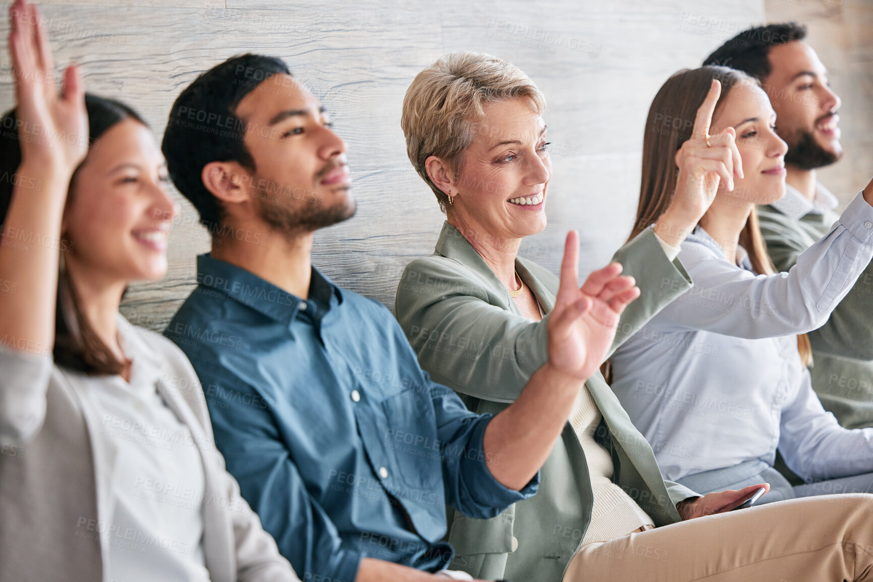 Buy stock photo People, question and hands up for company seminar in office for workshop, business meeting or opportunity. Team, presentation and trade show in conference room for career and volunteer in workplace