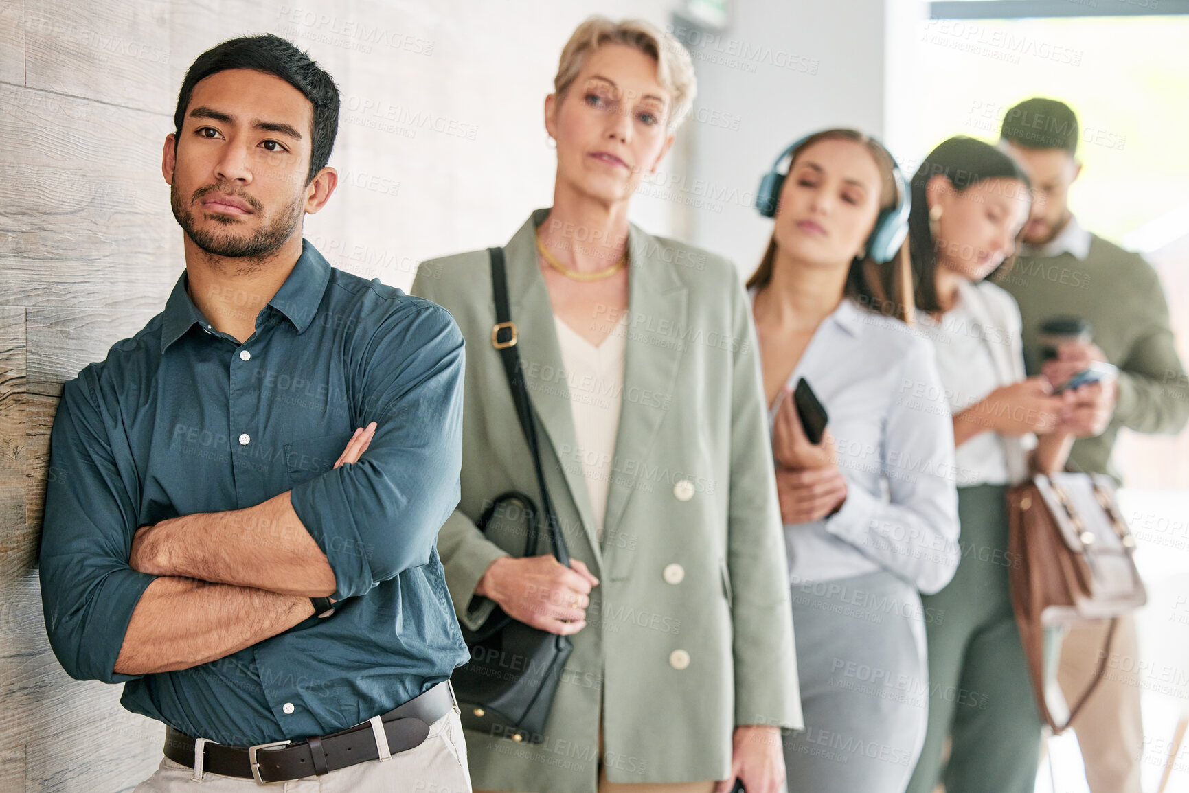 Buy stock photo People, man and line for interview in office with queue, business and global opportunity. Group, women and waiting room with technology for career, job and hiring with diversity workplace in London