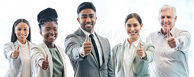 Buy stock photo Business people, portrait and thumbs up for winning, success or corporate banner in teamwork at office. Businessman and happy group with thumb emoji, yes sign or like for team approval at workplace
