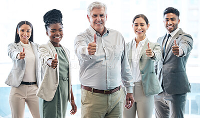 Buy stock photo Business people, portrait and thumbs up for corporate success, winning or teamwork at the office. Businessman and happy group with thumb emoji, yes sign or like for team approval at the workplace