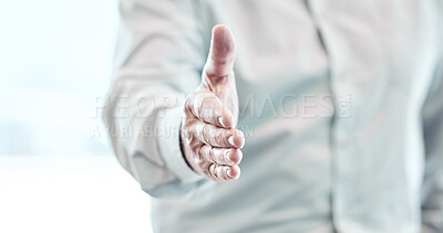 Buy stock photo Businessman, handshake and meeting for hiring, welcome or introduction at the workplace. Hand of man employer shaking hands for business deal, recruiting or greeting at the office
