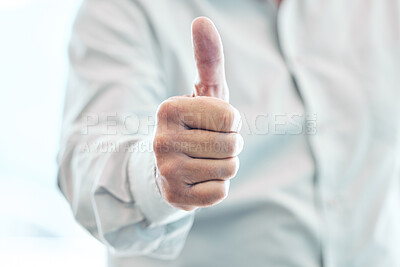 Buy stock photo Businessman, hand and thumbs up for winning, approval or corporate success at the office. Hands of man with thumb emoji, yes sign or like  for achievement, agreement or thank you at the workplace