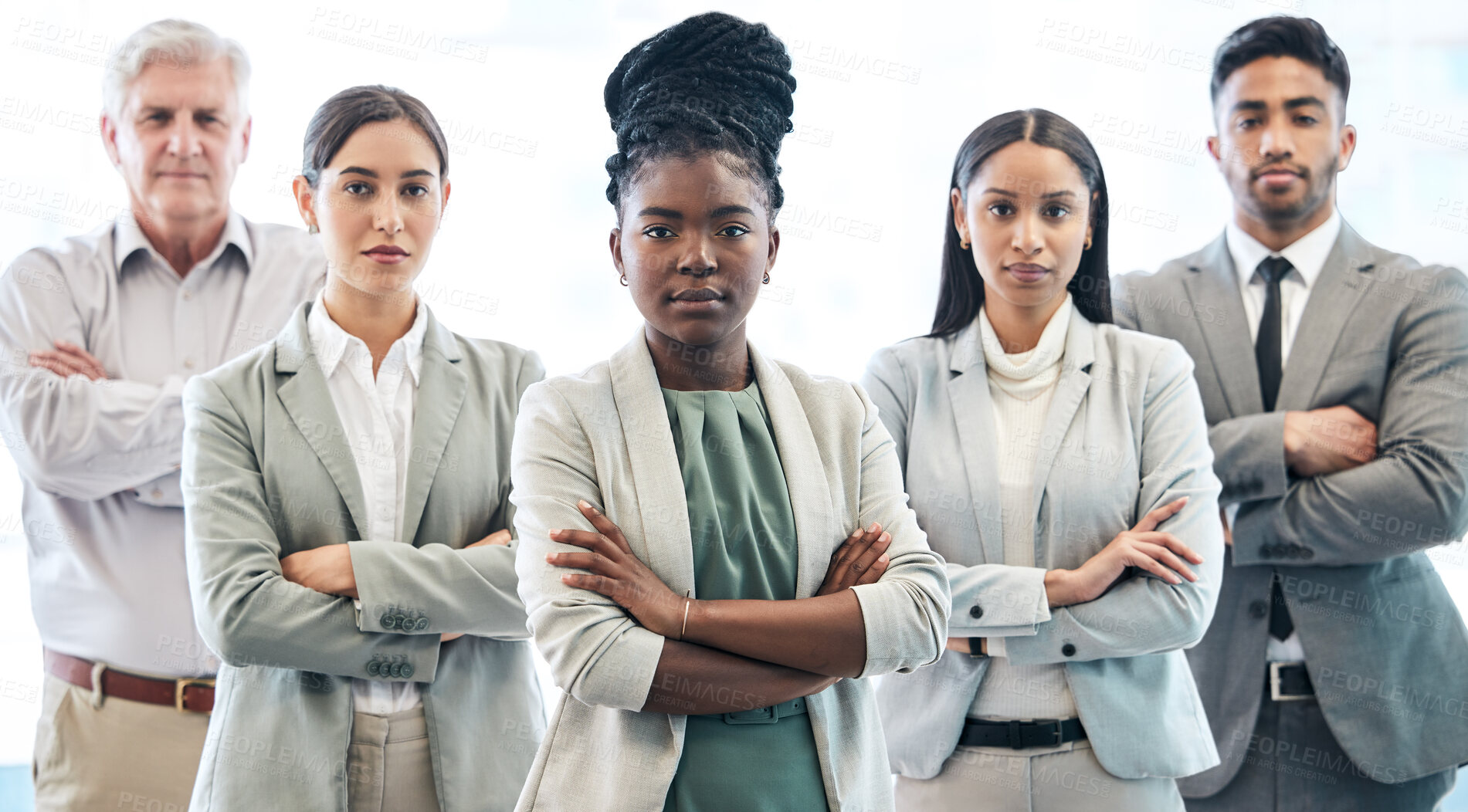 Buy stock photo Female leader, professional or team diversity in portrait in office, solidarity or support or teamwork. Agency, corporate group or community in workplace for human resources, recruitment or coworking