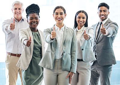 Buy stock photo Business people, portrait and thumbs up for winning, success or goals in teamwork at the office. Woman employee and happy group with thumb emoji, yes sign or like for team approval at the workplace