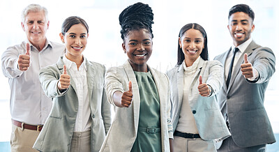 Buy stock photo Business people, portrait and thumbs up for winning, diversity or teamwork success at office. Black woman with diverse happy group with thumb emoji, yes sign or like for team approval at workplace