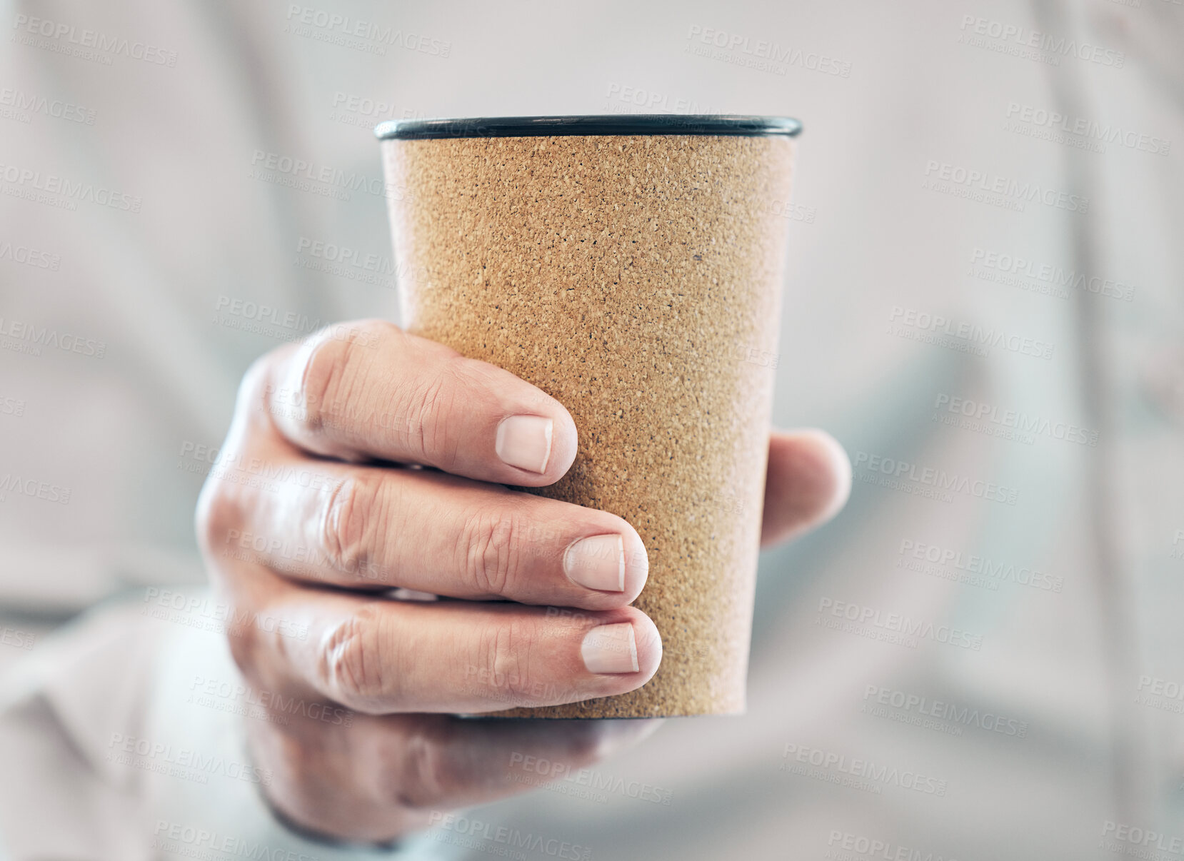Buy stock photo Reusable, cup and eco friendly coffee in hand with sustainable takeaway espresso in morning. Sustainability, closeup and travel mug with latte or tea for person in office or home to drink beverage