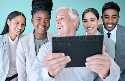 Buy stock photo Tablet, team and happy business people in discussion, training or mature ceo coaching in office. Digital tech, group and collaboration for project strategy, online report and sales manager laughing