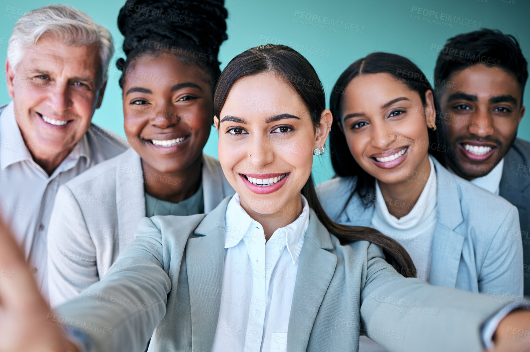 Buy stock photo Business people, portrait smile and selfie for profile picture, vlog or online post at office. Group of happy corporate workers smiling in photo, memory or team building and social media at workplace