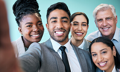 Buy stock photo Business people, face and portrait smile for selfie, profile picture or online post at office. Group of happy corporate workers smiling in photo, memory or team building and social media at workplace