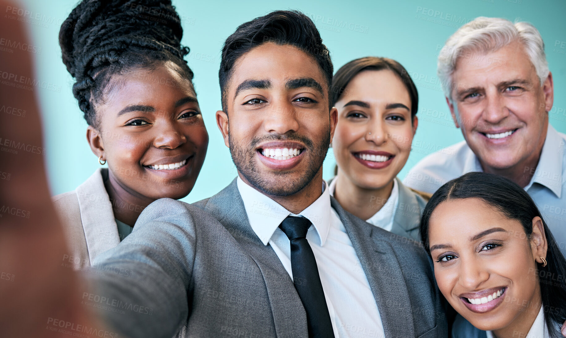 Buy stock photo Business people, face and portrait smile for selfie, profile picture or online post at office. Group of happy corporate workers smiling in photo, memory or team building and social media at workplace