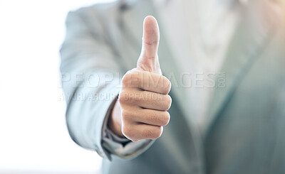 Buy stock photo Businessman, hand and thumbs up for approval, success or corporate winning at the office. Hands of man with thumb emoji, yes sign or like  for achievement, agreement or thank you at the workplace