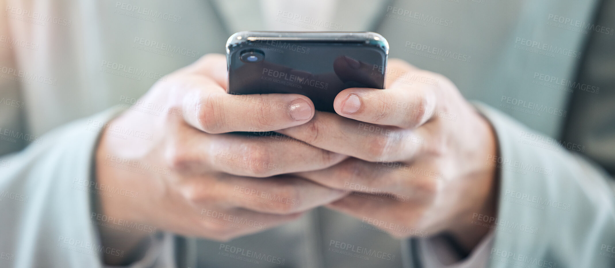 Buy stock photo Businessman, phone and hands in communication on banner for typing or networking at office. Hand of man texting or chatting on mobile smartphone app for business, online chat or email at workplace