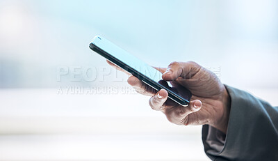 Buy stock photo Phone, hand and networking with a business person typing a text message or email on a blurred background. Mobile, contact and communication with an employee browsing social media or texting closeup