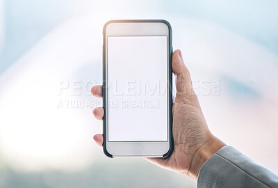 Buy stock photo Person, phone and hands with mockup screen for advertising, marketing or social media at office. Hand holding mobile smartphone or app with mock up or copy space display for advertisement or branding