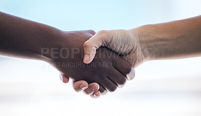 Buy stock photo Handshake, partnership and thank you with business people in agreement over a deal during a b2b meeting. Trust, support and collaboration with colleagues shaking hands to say welcome while meeting