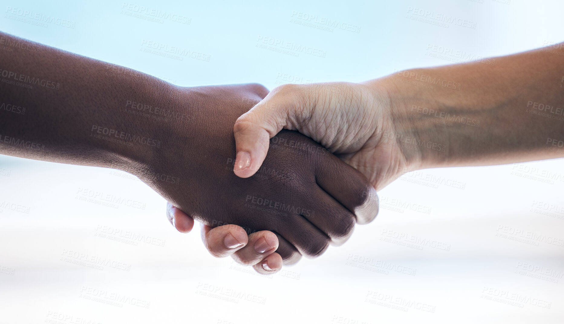 Buy stock photo Handshake, partnership and thank you with business people in agreement over a deal during a b2b meeting. Trust, support and collaboration with colleagues shaking hands to say welcome while meeting