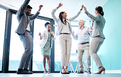 Buy stock photo Business people, diversity and dancing in office for team building, celebration or corporate event. Happy group of employees dance in fun teamwork, collaboration or winning together at the workplace