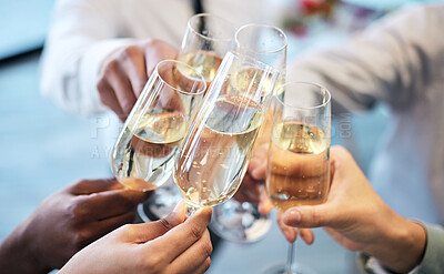 Buy stock photo Champagne, toast and business people at an office party in celebration of success together closeup. Hands, glass and cheers with a team or group of colleagues in the workplace to celebrate a goal