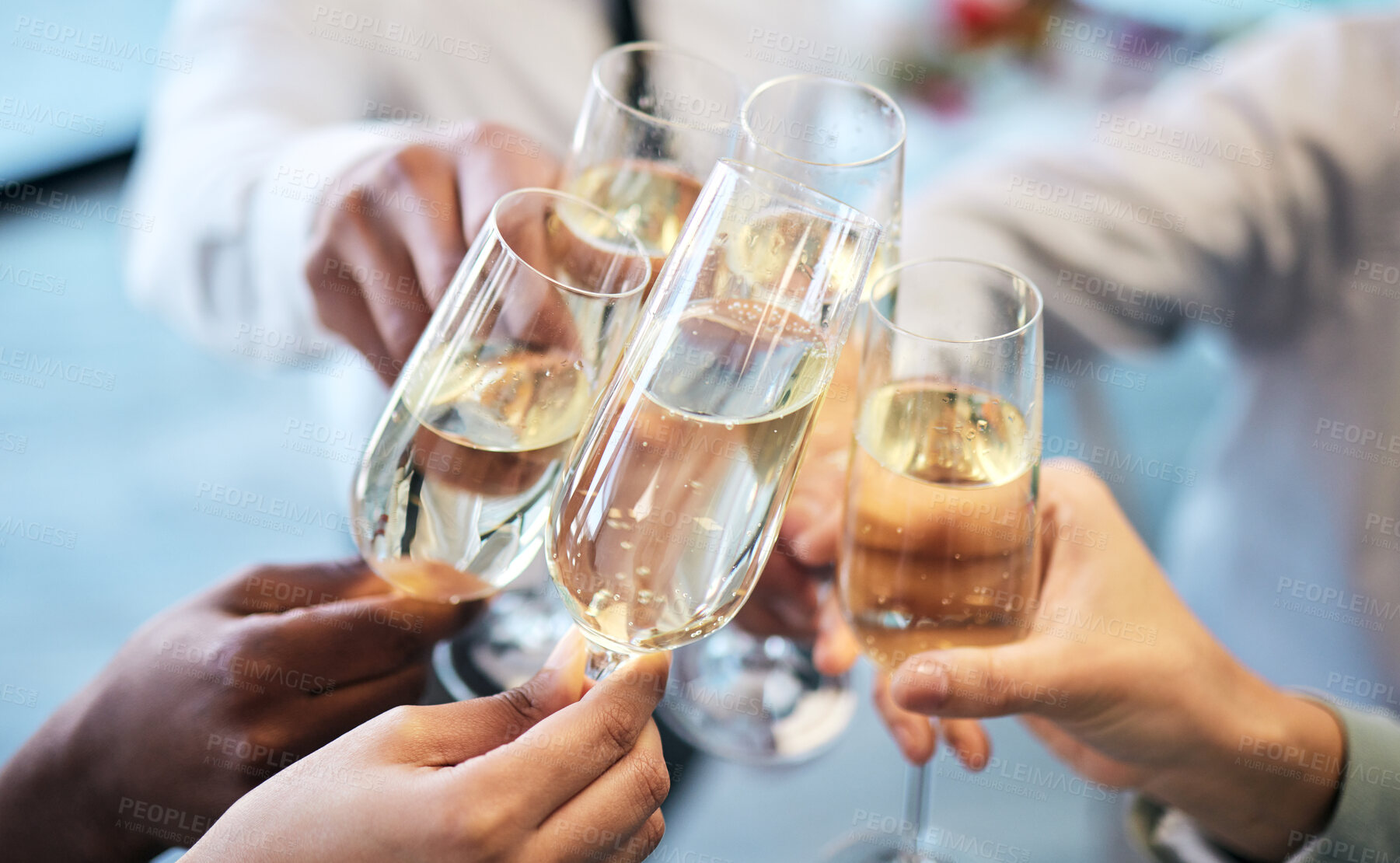 Buy stock photo Champagne, toast and business people at an office party in celebration of success together closeup. Hands, glass and cheers with a team or group of colleagues in the workplace to celebrate a goal
