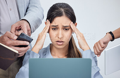 Buy stock photo Business, stress and woman overwhelmed by work, phone call and time management in professional company. Businesswoman, anxiety and frustrated working boss, manager or entrepreneur multitasking