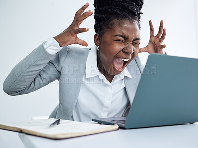 Buy stock photo Business, screaming and black woman with a laptop, stress and angry with burnout, glitch and error. Female person, consultant and employee with a pc, technology and anger with mistake and shouting