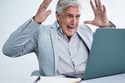 Buy stock photo Stress, screaming or business man on laptop for disaster, financial crisis or reading bankruptcy email in office. Angry manager, depression or shout in debt, tax or mature agent frustrated at mistake