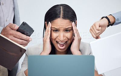 Buy stock photo Chaos, stress and business woman multitask on deadline, time management and consultant overworked by staff. Overwhelmed, pressure and professional with anger, screaming and tired of fatigue in office