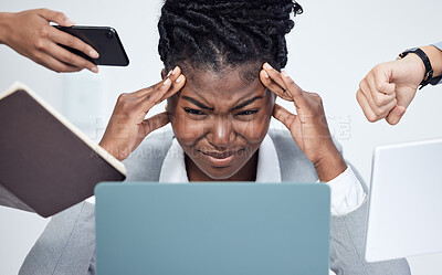 Buy stock photo Black woman, work and overwhelmed by business stress, phone call or time management in professional company. Person, anxiety and frustrated employee, working manager or boss multitasking and burnout