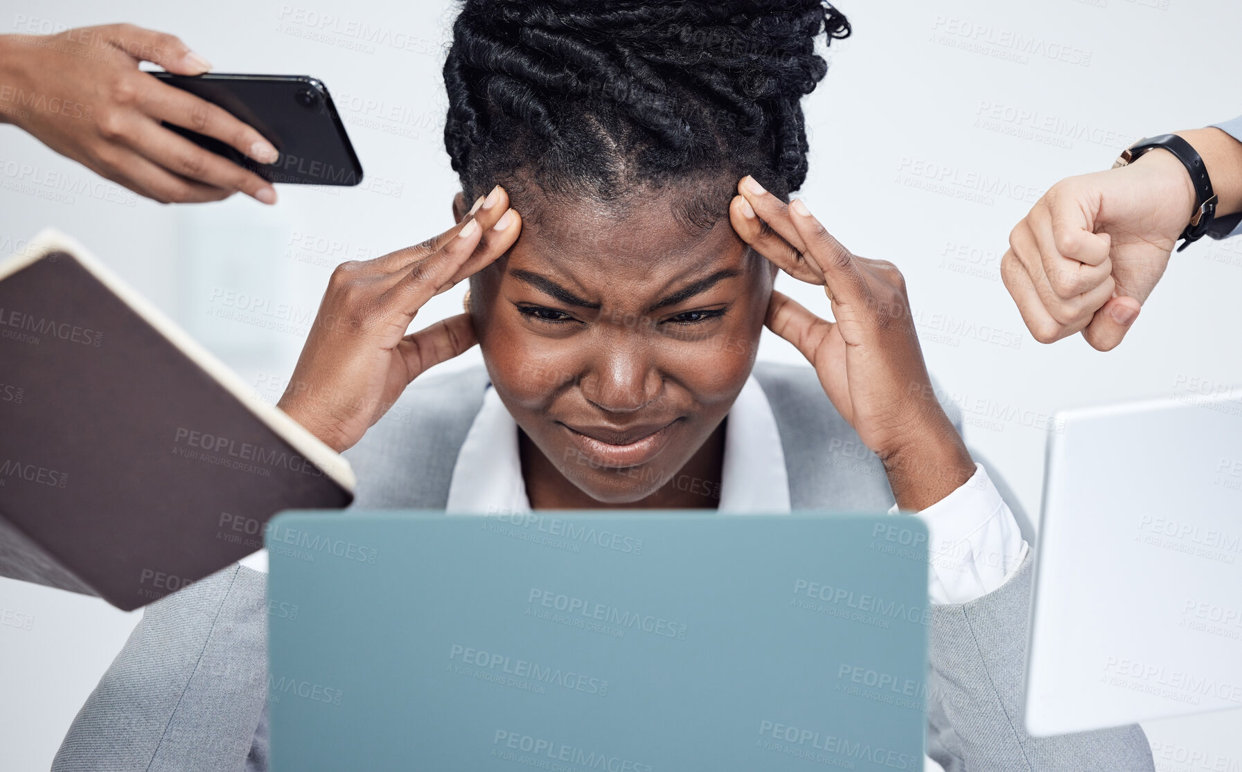 Buy stock photo Black woman, work and overwhelmed by business stress, phone call or time management in professional company. Person, anxiety and frustrated employee, working manager or boss multitasking and burnout