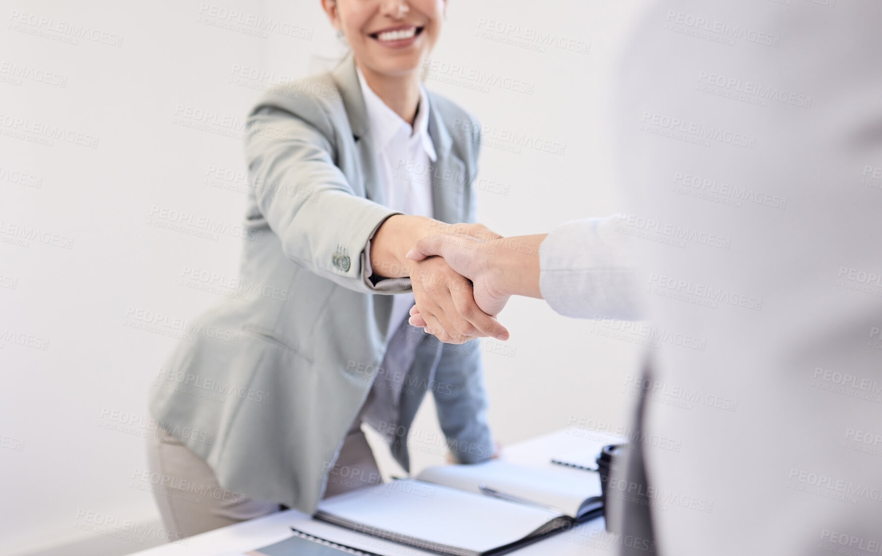 Buy stock photo Business, woman and handshake for meeting in office, recruitment and b2b collaboration or employee. Company, welcome and greeting with hand gesture, negotiation and introduction or deal with partner