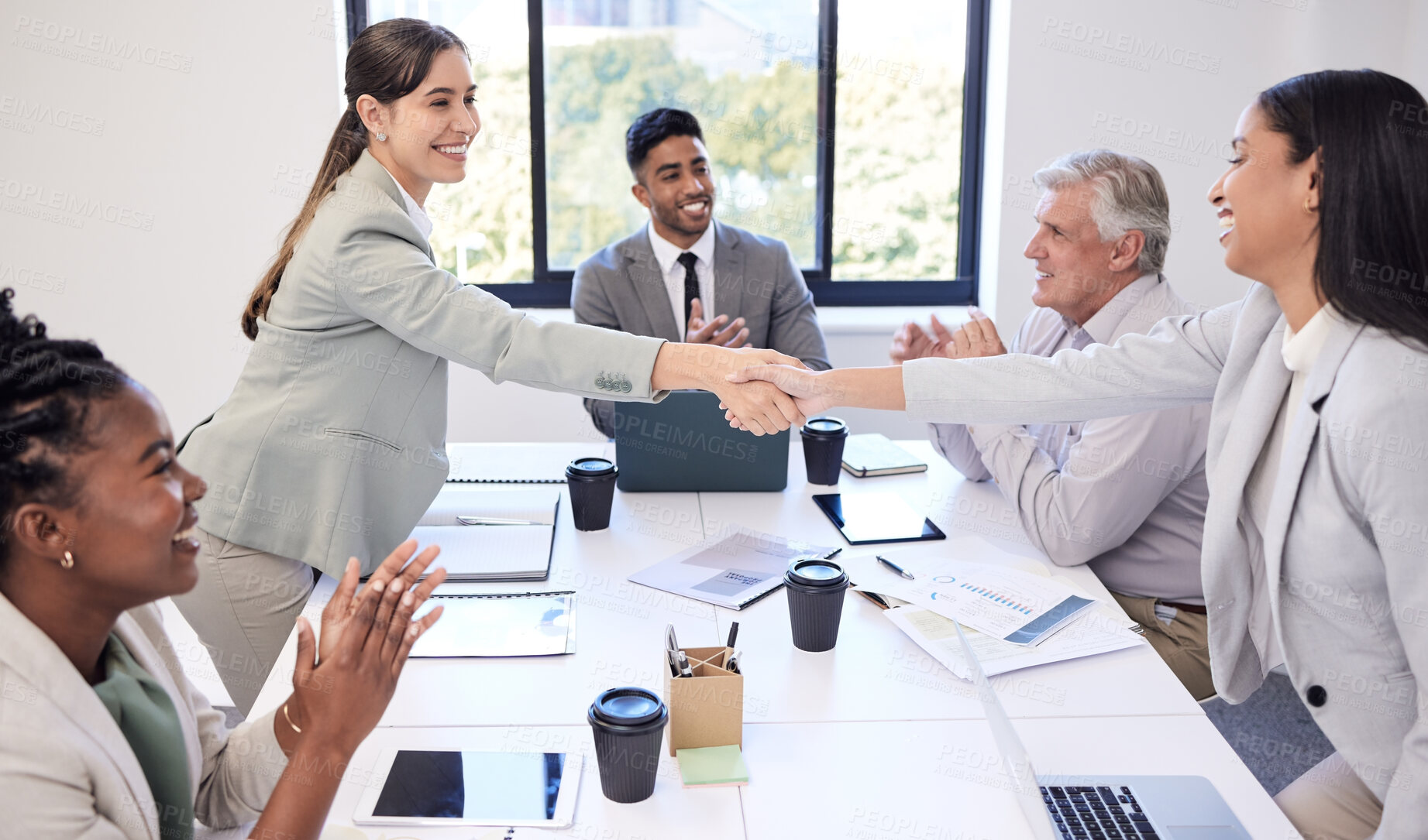 Buy stock photo Office, handshake and business people with agreement for teamwork, partnership and networking. B2b, deal and professional employee with thank you, welcome and support in cooperation in workplace