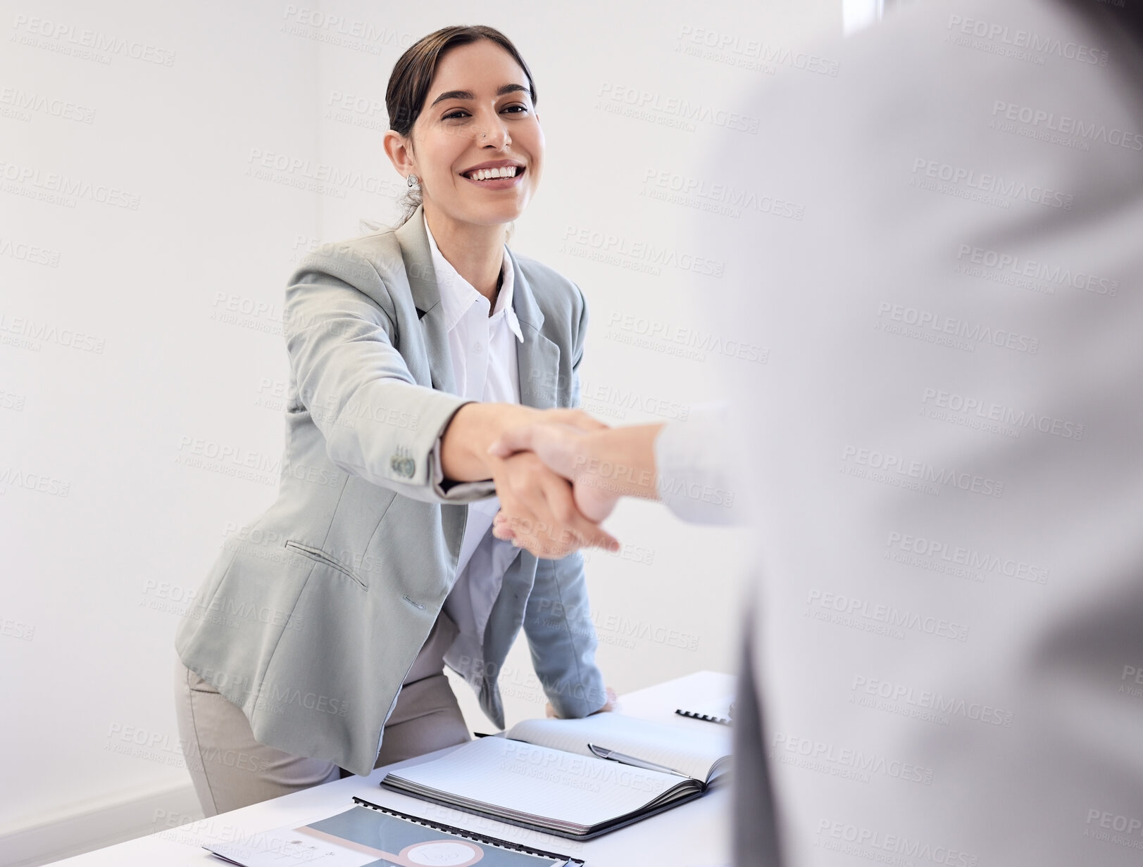 Buy stock photo Office, handshake and business woman with agreement for teamwork, partnership and networking. B2b, deal and professional employee with thank you, welcome and support in cooperation in workplace