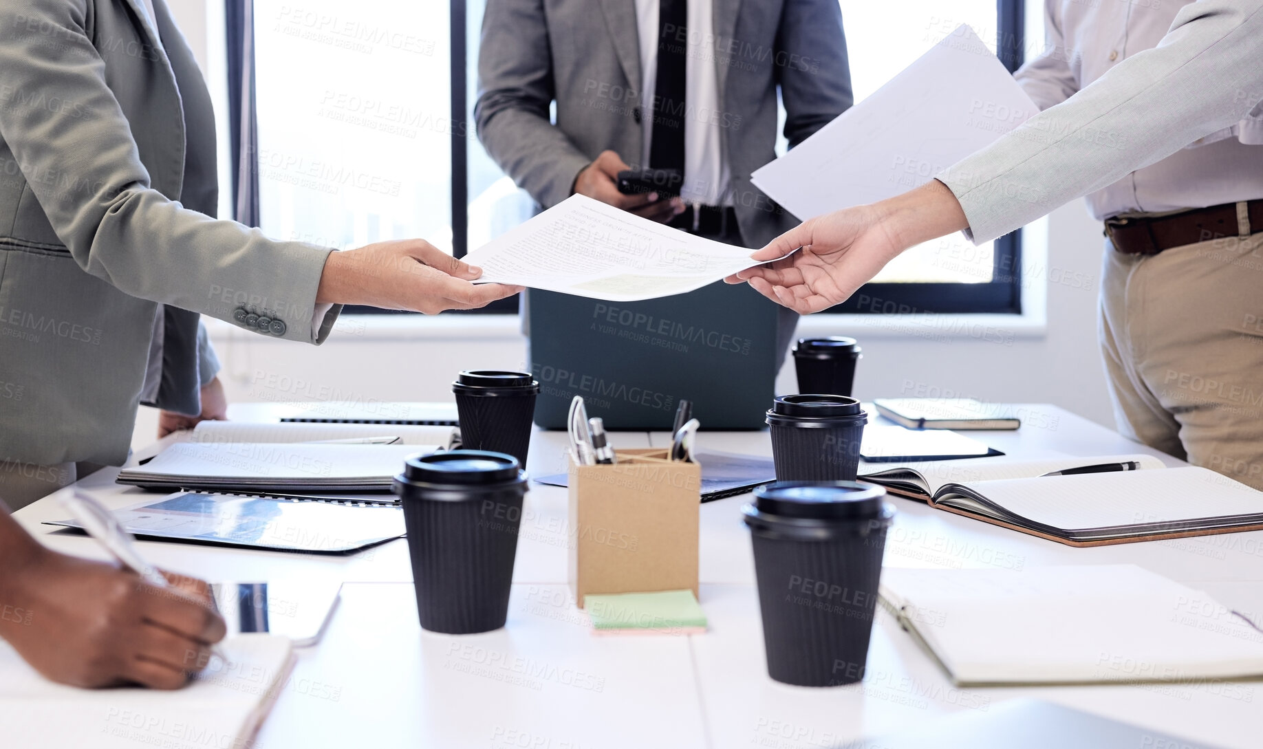 Buy stock photo Business people, hands and team with documents in meeting for project, deadline or delegation at office. Closeup or group of employees with paperwork for proposal, tasks or strategy at workplace