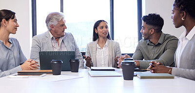 Buy stock photo Teamwork, planning and discussion with business people in meeting for conference, diversity and feedback. Collaboration, agenda and growth with employees in office for conversation and brainstorming