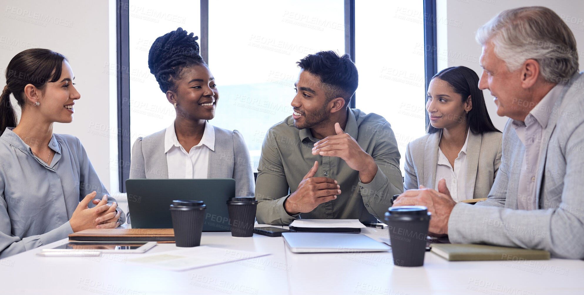 Buy stock photo Teamwork, planning and collaboration with business people in meeting for conference, diversity and feedback. Strategy, agenda and growth with employees in office for conversation and brainstorming