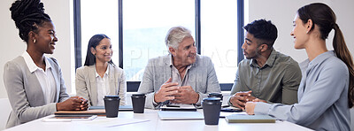 Buy stock photo Teamwork, planning and ceo with business people in meeting for conference, diversity or feedback. Collaboration, agenda and growth with employees in office for conversation, brainstorming or strategy