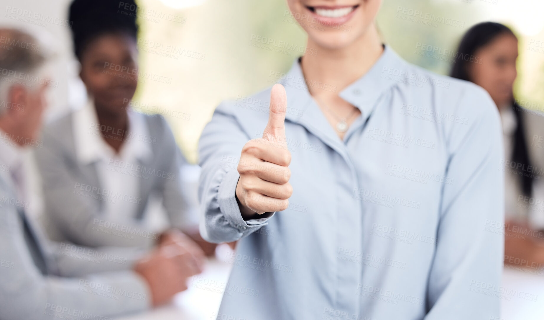 Buy stock photo Business woman, hand and meeting with thumbs up for agreement, success or winning at office. Closeup of young female person with like emoji, yes sign or OK for vote, review or approval at workplace