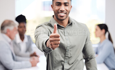 Buy stock photo Portrait, hand and a business man thumbs up in the boardroom with his team planning in the background. Leadership, workshop and motivation with a happy male employee showing support in the office