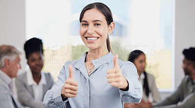 Buy stock photo Portrait, happy and a business woman thumbs up in the boardroom with her team planning in the background. Leadership, workshop and smile with a confident young female employee saying thank you