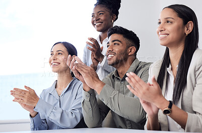 Buy stock photo Business people, meeting and applause for success, corporate training and achievement with promotion. Group, staff and audience clapping, motivation and teamwork with collaboration and seminar event