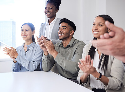 Buy stock photo Business people, meeting and applause with promotion, collaboration and achievement with teamwork. Group, staff and team clapping, motivation and growth with development, presentation and workshop