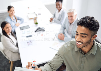 Buy stock photo Presentation, writing and people in business meeting, manager or presenter training, ideas and planning. Happy man on whiteboard for proposal, pitch and clients or staff with startup notes or agenda