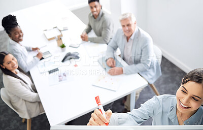 Buy stock photo Presentation, writing and business meeting of woman, manager or presenter training, ideas and leadership. Happy talking, proposal and people, clients or staff for planning, coaching and startup notes