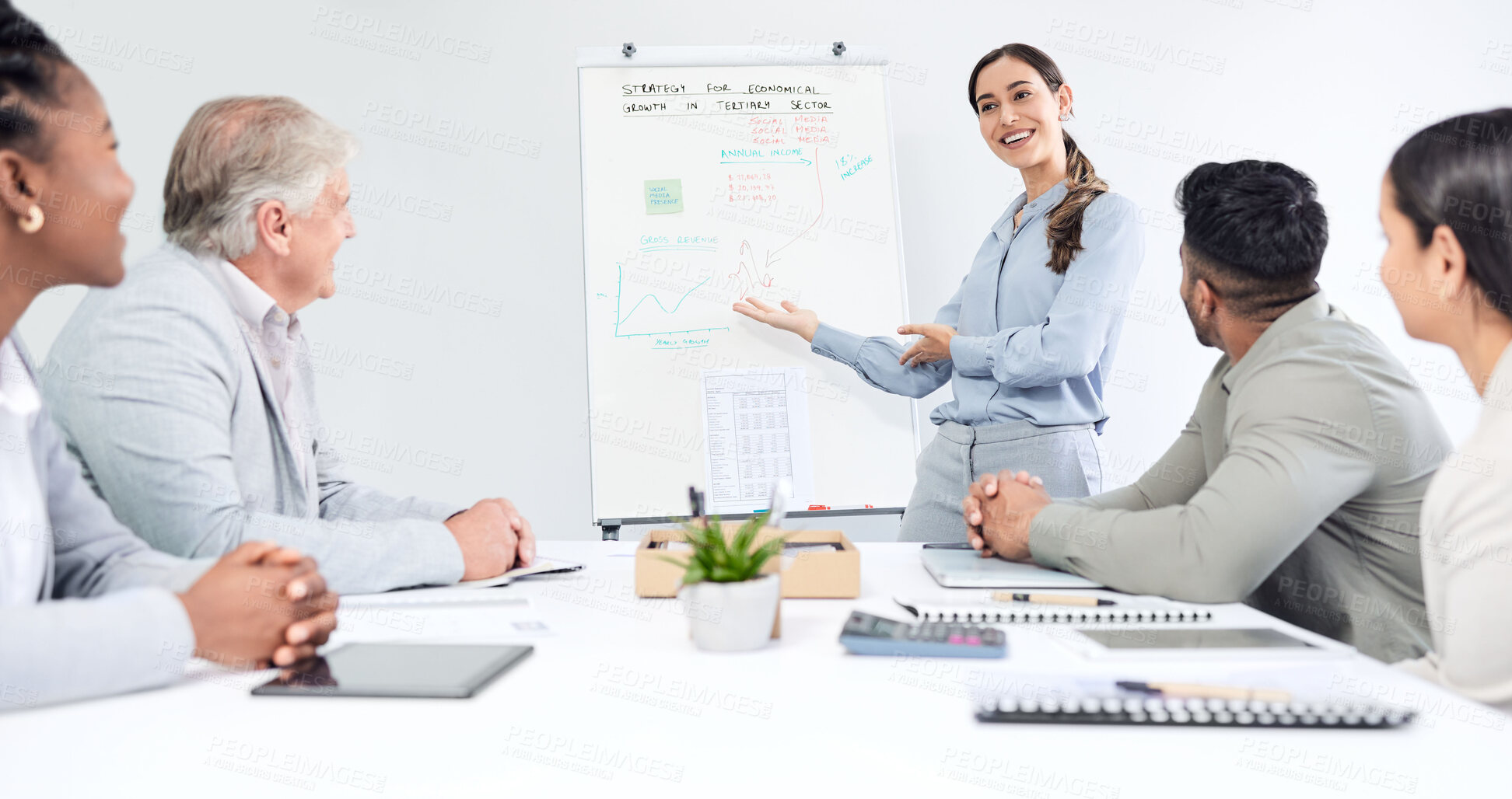 Buy stock photo Whiteboard, business meeting and woman graphs, lines and statistics for financial proposal, profit ideas and growth analytics. Meeting, pitch and speaker with clients or people for education industry