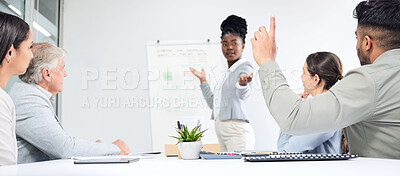 Buy stock photo Questions, presentation and business people, leader or manager on whiteboard, finance solution or stats update. Yes, speaking and african woman, man and hands in air for financial feedback in meeting